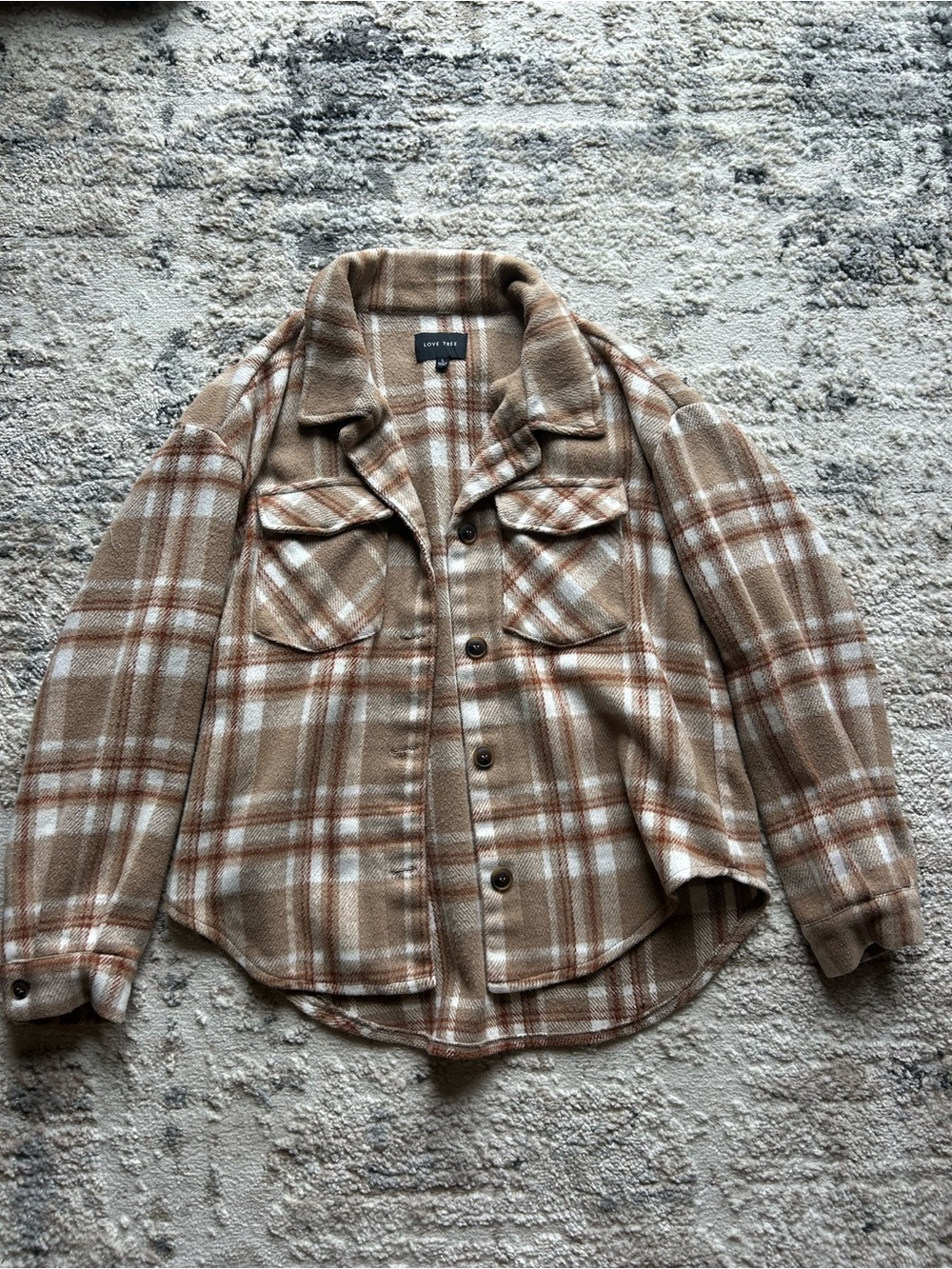 Love Tree Plaid Shacket in Tan, White & Rust